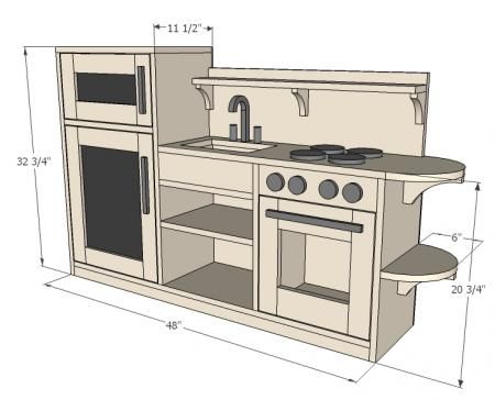 One Piece Play Kitchen -- like the idea of it being one piece. And I like the round shelves on the end. // Built this and it came out great. Plans are easy to follow and well done. Play Kitchen Plans, Play Kitchen Diy, Diy Kids Kitchen, Diy Kitchen Projects, Wooden Play Kitchen, Play Kitchens, Kids Play Kitchen, Diy Play Kitchen, Diy Holz