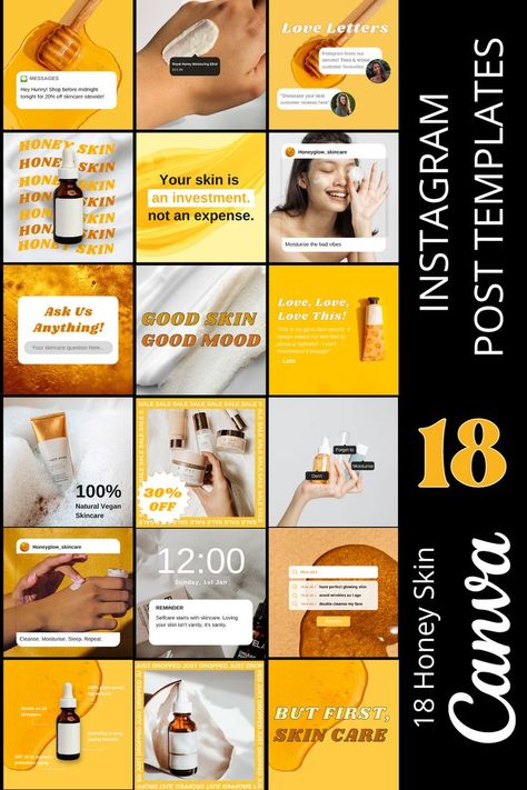 Get the perfect honey gold skincare aesthetic for your Instagram with our pack of 18 customizable Canva templates! These templates are perfect for any skincare brand looking to showcase their products with a sleek and modern look. Easily add your own photos and text to create stunning Instagram posts that will stand out on the 'gram and attract new followers. Give your skincare line the attention it deserves with these beautiful templates. Gold Skincare, Candy Photography, Canva Instagram Post, Beautiful Templates, Honey Skin, Honey Brand, Honey Shop, New Followers, Skincare Aesthetic