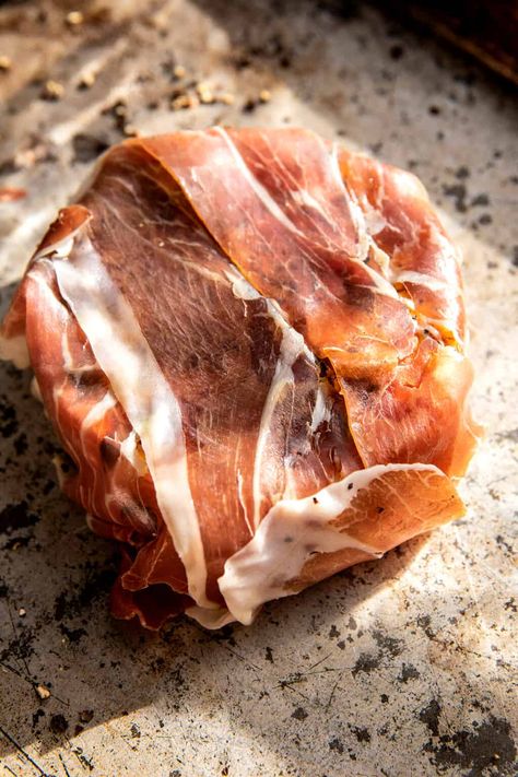 Prosciutto Wrapped Baked Brie in Pastry | HALFBAKEDHARVEST.COM Stuffed Baked Brie In Puff Pastry, Baked Brie Prosciutto, Baked Brie Pillsbury Crescent Rolls, Brie Prosciutto, Camembert Recipes, Baked Brie In Puff Pastry, Prosciutto Appetizer, Brie Cheese Recipes, Cranberry Baking