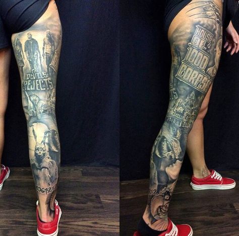 Horror leg sleeve Tattoos Horror, Tattoo Leg Sleeve, Halloween Tattoos Sleeve, Horror Tattoos, Zombie Tattoos, Horror Movie Tattoos, Tattoo Thoughts, Monster Tattoo, Ink Therapy