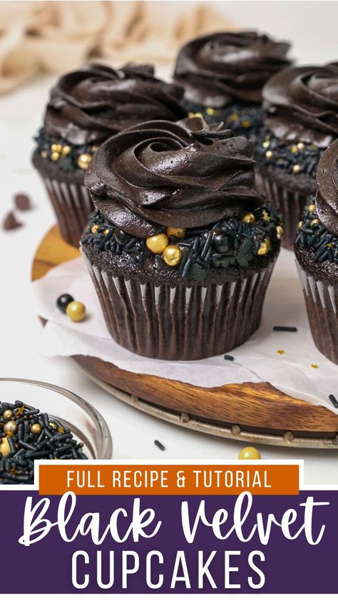 These black velvet cupcakes are naturally colored with black cocoa powder and taste absolutely delicious! They're rich, chocolaty, and taste like an Oreo cookie! Black Velvet Cupcakes, Black Cocoa Powder, Black Velvet Cakes, Black Cupcakes, Baking Spices, Black Cocoa, Halloween Fest, Halloween Dessert, Halloween Baking