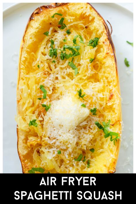 Air Fryer Spaghetti Squash is an easy, healthy, and delicious squash recipe that is perfect as a side dish or main dish! This squash cooks in just 20 minutes and is so versatile! Slow Cooker Spaghetti Squash, Air Fryer Spaghetti Squash, Air Fryer Spaghetti, Strawberry Turnovers, Making Spaghetti Squash, Turtle Pumpkin, Cooking Spaghetti Squash, Spaghetti Squash Lasagna, Cranberry Brie