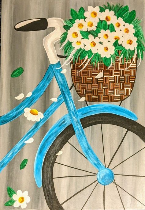 Canvas Art Painting Acrylic, Bicycle Painting, Acrylic Painting Flowers, Canvas Painting Tutorials, Landscape Paintings Acrylic, Spring Painting, Small Canvas Art, Nature Art Painting, Art Drawings For Kids