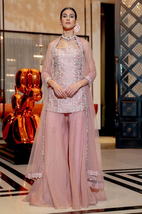 Buy Varun Chakkilam Pink Silk Organza Embroidered Kurta Palazzo Set Online | Aza Fashions Organza Palazzo, Varun Chakkilam, Plazzo Designs, Plazo Designs, Plazzo Suit, Onion Pink, Kurta Palazzo Set, Kurta Sharara, Sharara Suits