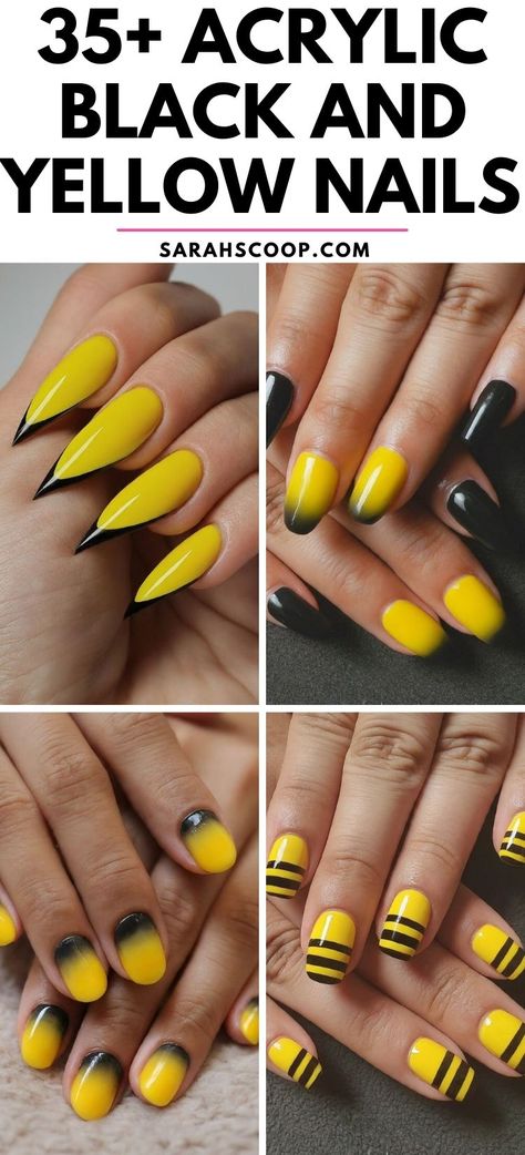 Unleash your creativity with these 35 stunning acrylic nail designs in a classic black and yellow color scheme. Whether you're going for a bold bumblebee design or a soft and subtle abstract pattern, these looks will be sure to turn heads. #AcrylicNails #NailArt #BlackAndYellowNails Mizzou Nails Black Gold, Black And Yellow Short Nails, Yellow Black Nails Design, Steeler Nails Designs, Bumblebee Nail Designs, Steelers Nails Designs, Black And Yellow Nails Design, Yellow And Black Nails Design, Black Yellow Nails