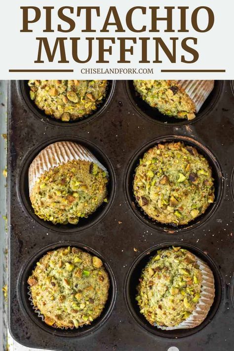 These fluffy, moist pistachio muffins, with a sweet nutty flavor and sugared tops are quick and easy to make. #pistachiomuffins #muffins #homemademuffins | chiselandfork.com Blackberry Oatmeal, Pistachio Muffins, Mini Chocolate Chip Muffins, Muffin Flavors, Vanilla Muffins, Pudding Flavors, Cranberry Orange Muffins, Pistachio Pudding, Homemade Muffins