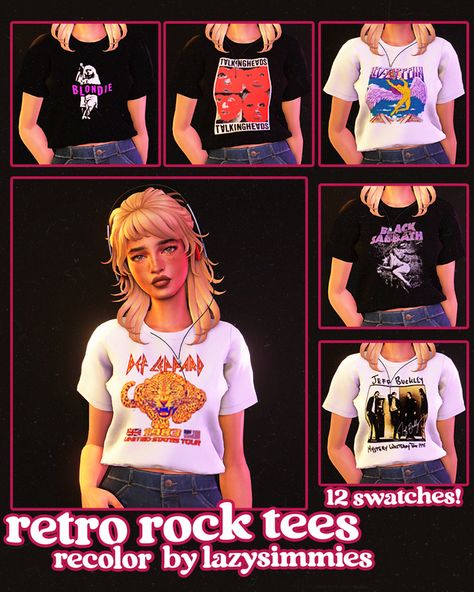 retro rock tees recolor 🤟 | Patreon Band Shirts Sims 4 Cc, Sims 4 Band Tees, Sims 4 Cc Band Tees, Sims 4 Rockstar Cc, 80s Games, Sims4 Houses, 80s Tops, Sims Room, 80s Clothes