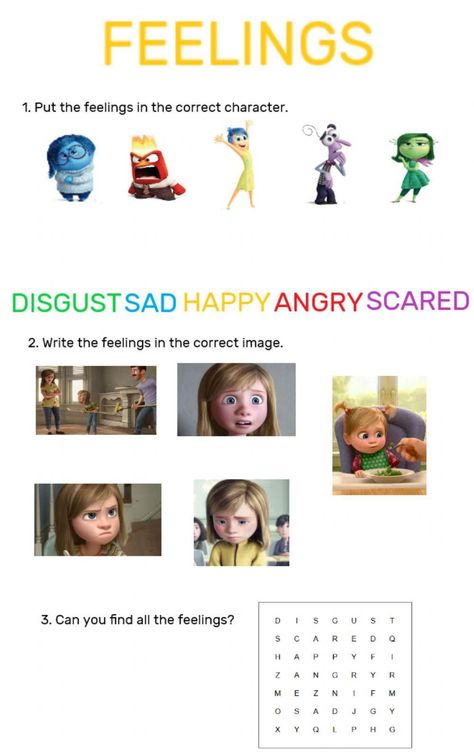 Inside Out Worksheets, Inside Out Emotions, Movie Inside Out, Inside Out Characters, Emotions Activities, Kids Feelings, Coloring Page Ideas, Classroom Language, English Activities