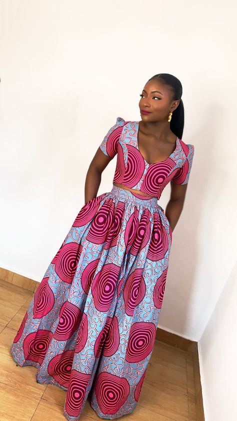 Ankara Crop Top And Skirt, Ankara Flare Skirt, Modern African Print Dresses, Pink Ankara, African Skirt Outfit, Maxi Skirt And Top, Ankara Maxi Skirt, African Maxi Skirt, Long Skirt And Top