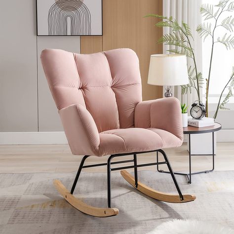 Nursery Rocking Chair for Baby, Indoor Velvet Fabric Nursing Chair, Modern Upholstered Glider Rocker Armchair with High Backrest for Bedroom Office Living Room (Light Pink) Nursery Glider Rocker, Upholstered Rocking Chair, Rocking Chair Pads, Nursery Rocker, Upholstered Rocking Chairs, Modern Rocking Chair, Rocking Chair Nursery, Glider Rocker, Trendy Furniture