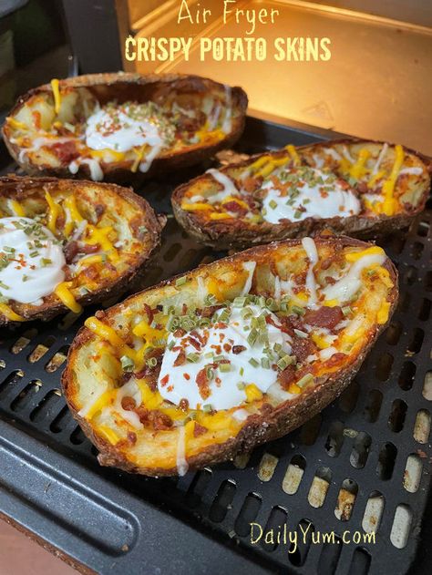 Air Fryer Potato Skins, Air Fryer Potato, Baked Potato Skins, Loaded Potato Skins, Potatoe Skins Recipe, New Air Fryer Recipes, Air Fryer Recipes Snacks, Air Fryer Baked Potato, Air Fryer Cooking Times