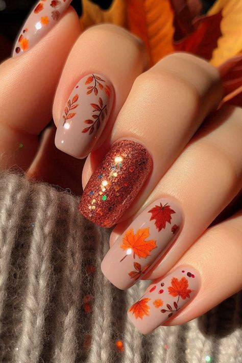 21 Stunning Fall Nail Ideas for Autumn 2024 Rockabilly Nails, November Nail Designs, Taupe Nails, Thanksgiving Nail Designs, Thanksgiving Nail Art, Cute Nails For Fall, Short Nails Art, Orange Glitter, Thanksgiving Nails