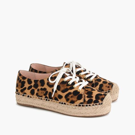 Espadrille sneakers in leopard calf hair : Women sneakers | J.Crew Sneakers In Box, Striped Espadrilles, Heeled Espadrilles, Espadrille Sneakers, Lace Up Espadrilles, Slip On Espadrilles, Crew Clothing, Leather Espadrilles, Brown Sneakers