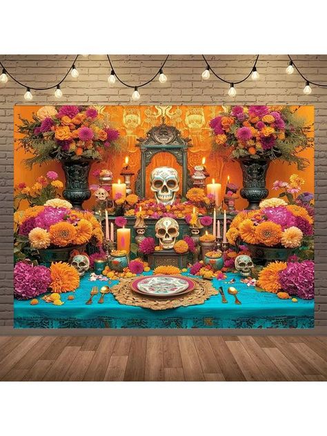 1 pieza Telón de fondo vibrante del Día de los Muertos para altar - Poliéster, multiusos, reutilizable y duradero - Perfecto para fiesta mexicana, Cinco de Mayo, fiesta de calaveras de azúcar, accesorios de estudio familiar, decoraciones interiores y exteriores, suministros de decoración navideña Multicolor    Poliéster     Event & Party Supplies, size features are:Bust: ,Length: ,Sleeve Length: Sugar Skull Party, Dia De Los Muertos Decorations Ideas, Day Of The Dead Party, Carnival Decorations, Mexican Party Decorations, Colorful Skulls, Party Photography, Studio Props, Background Decoration