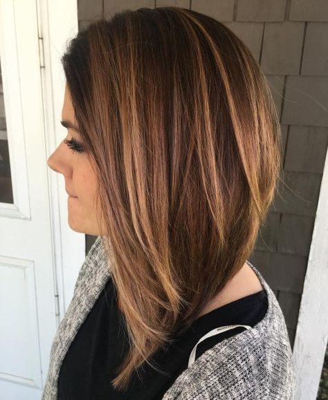 Steeply Angled Lob with Feathered Layers Romantic Wavy Hair, Long Inverted Bob, Melt Balayage, Long Angled Bob Hairstyles, Angled Haircut, Long Angled Bob, Inverted Long Bob, Inverted Bob Haircuts, Angled Bob Hairstyles