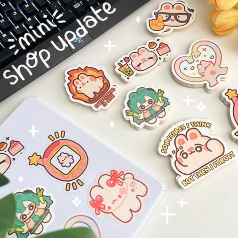 may mini sh0p update! ✨ i didn’t expect the rainbow heart bunny to be so popular last time so i’ve restocked it now! also have some new funny bunny stickers as well as a few fun clear stickers (tamagotchi + little treats) plus some other new designs. available now! 💗 link in bio or krisswanart.etsy.com #shopupdate #stickershop #etsyshop #vinylstickers #bunnystickers #bunnyart #bunnyartist #cutearteveryday #clearstickers #waterbottlestickers #memestickers Sticker Sheets Ideas, Sticker Sheet Design, Cute Sticker Designs, Holo Stickers, Envelope Template Printable, Bunny Stickers, Candle Drawing, Kawaii Store, Stickers Business