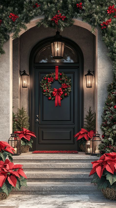 Cozy front porch decorated for Christmas with a wreath, lanterns, greenery, and red poinsettias, creating a festive Poinsettias Front Porch, Wreath With Poinsettias, Front House Christmas Decor, Front Of House Christmas Decor, Outdoor Wreaths On House Christmas, Christmas Wreaths For Front Door Elegant, Outdoor Garland Christmas Porches, Outdoor Wreaths On House, Red Brick Front Porch