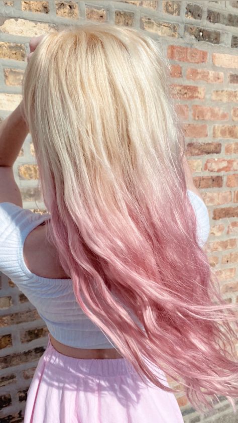 Blonde Hair With Pink Ombre, Blonde To Pink Balayage, Blonde To Pink Ombre Hair, Blond Hair Pink Tips, Long Blonde And Pink Hair, Pink Faded Hair, Light Pink Tips Hair, White Hair Pink Tips, Pink Hair Ideas For Blondes