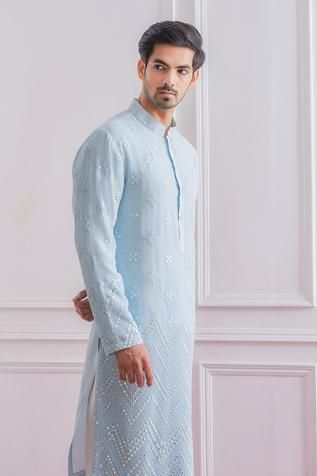 Shop for Ankit V Kapoor Blue Georgette Mirror Embroidered Kurta Set for Men Online at Aza Fashions Powder Blue Kurta For Men, Intricate Mirror, Ganesh Puja, Modern Groom, Gents Kurta, Indian Handicrafts, Kurta Set For Men, Blue Kurta, Mens Kurta