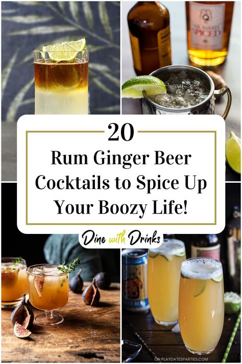 Collage of 4 rum ginger beer cocktails. Ginger Beer And Rum, Pineapple Ginger Beer Cocktail, Rum And Ginger Beer Cocktail Recipes, Beer Cocktails Recipes, Ginger Beer Cocktail Recipes, Ginger Cocktail Recipes, Spiced Rum Drinks, Ginger Beer Drinks, Spiced Rum Cocktails