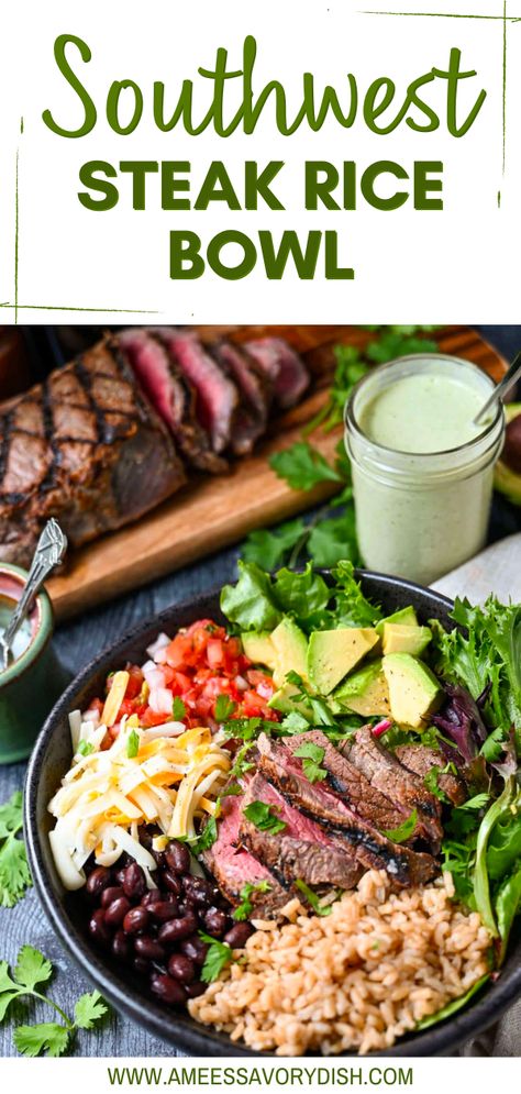 Mediterranean Diet Rice, Steak Rice Bowl, Steak Rice, Steak And Rice, Healthy Bowls Recipes, Rice Beans, Flat Iron Steak, Cilantro Lime Dressing, Rice Bowls Recipes