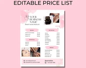 Esthetician Price List, Spa Price List, Esthetician Marketing, Eyelash Tinting, Spa Prices, Price List Template, Pink Confetti, Waxed Eyebrows, Nail Services