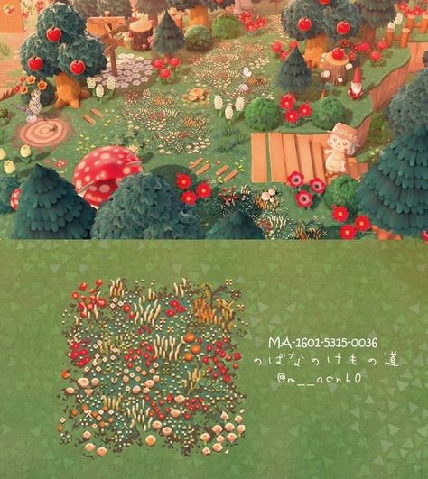 Animal Crossing Design Codes Forest Core, Animal Crossing Design Codes Grass Path, Acnh Orchard Path Code, Acnh Forest Path Designs, Forest Path Animal Crossing Code, Acnh Paths Designs Forest, Forest Codes Acnh, Anch Custom Design Path, Acnh Mushroom Forest Path