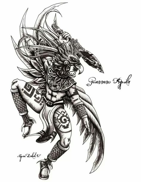 Guerrero águila. Guardian Tattoo Designs, Aztec Warrior Tattoo, Aztec Tattoos Sleeve, Azteca Tattoo, Aztec Drawing, Aztec Artwork, Jaguar Tattoo, Mayan Tattoos, Aztec Tattoos