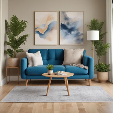 Light Wood Flooring, Simple Side Table, Light Blue Sofa, Tan Blanket, Modern Living Room Decor Ideas, Simple Side Tables, Modern Living Room Decor, Scandi Home, Light Wood Floors