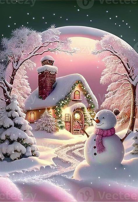 Pink Snowman Wallpaper, Beautiful Snow Scenes, Beautiful Christmas Pictures, White Christmas Art, Christmas Eve Pictures, Christmas Wallpaper Ideas, Winter Scene Paintings, Christmas Images Free, Snowmen Pictures