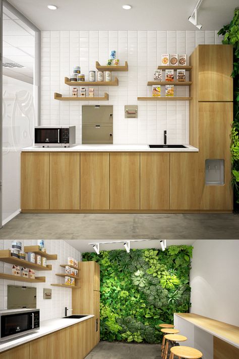 Small office pantry with greeneries - Workplace Interior Design Concept by G-i Contracting / Nội thất Văn phòng khu vực Pantry Pantry Interior Design Office, Work Kitchen Offices, Modern Office Kitchenette Design, Small Pantry Office Design, Small Office Canteen Design, Small Office Pantry Ideas, Cafetaria Office Design, Kitchennete Office, Small Office Break Room Design