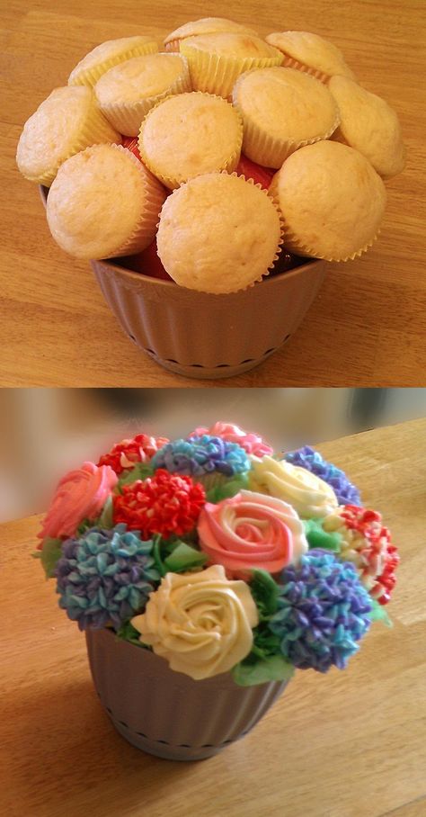 I made these for Mother's Day.  Since I couldn't get a styrofoam ball for the center, I used a kids' foam ball and (instead of toothpicks) wooden BBQ skewers.  My mom & mom-in-law both thought these were real flowers until they got within 5 feet! Cupcake Bouquet, Cake Decorating Tips, Smash Cake, Creative Cakes, Cakes And More, Let Them Eat Cake, Cupcake Recipes, Cake Cookies, The Table