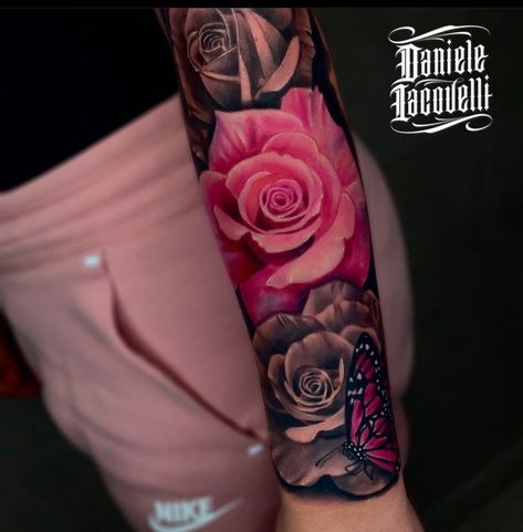 Forearm Tattoo Women Color, Color Arm Tattoos For Women, Arm Cover Up Tattoos For Women, Ankle Tats, Lace Sleeve Tattoos, Microphone Tattoo, Wörter Tattoos, Cute Thigh Tattoos, Strong Tattoos