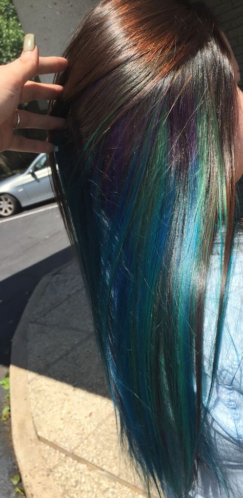 blue blend with hint of purple underneath layer of dark brown Blue Underneath Hair, Dyed Hair Underneath, Blue Hair Underneath, Purple Underneath Hair, Blue Brown Hair, Blue Underneath, Hair Dyed Underneath, Oil Slick Hair, Hair Stripes