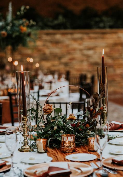 Rusty Orange Wedding Centerpieces, Green And Terracotta Wedding Party, Moody Wedding Centerpieces, Winter Baptism, Fall Wedding Tablescapes, Fall Wedding Table Decor, Round Wedding Tables, Dark Green Wedding, Rusting Wedding