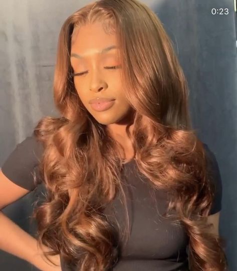 Honey Blonde Sew In Weave, Golden Brown Hair Color Honey, Light Brown Sew In, Ginger Brown Wig, Light Brown Wig, Dark Chocolate Color, Girl Hair Colors, Honey Brown Hair, Wave Texture