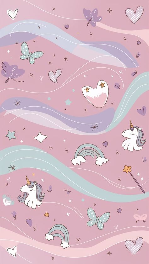 Immerse yourself in a whimsical wonderland with this enchanting pastel pink wallpaper. The soft, delicate pink hue serves as a dreamy backdrop to charming elements like cute hearts, gentle stars, and playful butterflies. Flowing patterns in complementary shades of lavender, mint green, and baby blue add depth and elegance, while adorable cartoon unicorns, rainbows, and fairy wands are tastefully scattered throughout. Perfect for creating a magical, youthful ambiance in any girly space, this design is as enchanting as it is visually appealing. Pink Wallpaper Kawaii, Dreamy Backdrop, Pastel Pink Wallpaper, Colourful Wallpaper Iphone, Cute Hearts, Fabric Print Design, Fairy Wands, Whimsical Wonderland, Unicorn Pattern