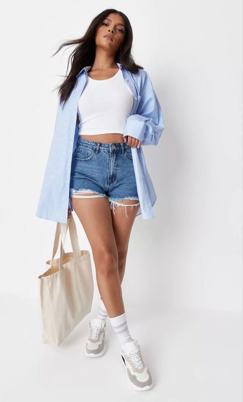 Light blue poplin shirt with distressed denim shorts and white crop top #fashion #summer #style #denim Blue Denim Shorts Outfit, Denim Shorts Outfit, Ripped Denim Shorts, Blue Denim Shorts, Ripped Denim, Distressed Denim Shorts, High Waisted Shorts Denim, Light Blue Denim, White Crop