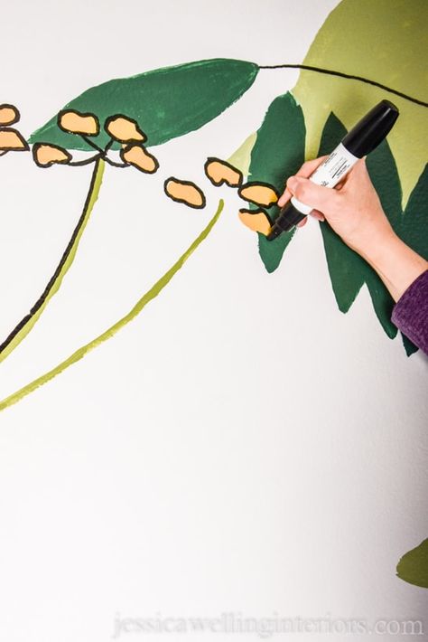 Mural On Bathroom Wall, Hand Painted Leaves On Wall, Botanical Mural Diy, Simple Painted Wall Design, How To Paint A Wall Mural Tutorials, Hand Painting Wallpaper, Easy Wall Murals Painted Diy Hand, Free Hand Wall Painting, Inexpensive Wallpaper