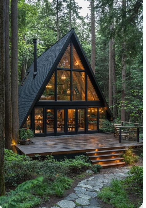 Dark A Frame House, Glass Forest House, Glass A Frame House, A Frame House With Garage, Forest House Architecture, Wood And Glass House, Deck With Steps, House In A Forest, Dark Cabin