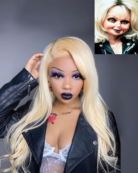 Jazmin on Instagram: "Chucky and Tiffany 🖤🔪 #blackwomenincostume 1. @thebrittanyshanice 2. @hausofjazzy 3. @miamilancosplay 4. @shardidthat 5. @jayviill 6. @wheelmypain 7. @damn.gena 8. @mayataughtyou 9. @tenpiecelemonpepper 10. @therealshyk #happyhalloween #halloween #blackcosplay #cosplayingwhileblack #spookyseason #spookyszn #costumeparty #halloween2022 #halloweek #chuckycosplay #chuckycostume #chuckymakeup #chuckyandtiffany #scarycostume #scarymovies #horrormovie #horrormovies #childsplay Tiffany Costume Black Women, Bride Of Chucky Makeup Black Women, Bride Of Chucky Costume Black Woman, Chucky Wife Costume, Tiffany Costume Chucky, Chucky Wife, Tiffany Chucky Costume, Costumes For Black Women, Chucky And Tiffany Costume