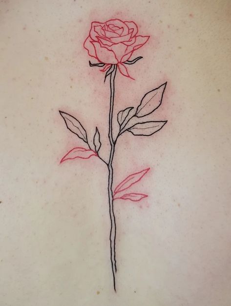 Linework Rose Tattoo, Rose Stem Tattoo, Black Red Tattoo, Square Tattoo, Red Tattoo Ideas, Side Thigh Tattoos, White Rose Tattoos, Around Arm Tattoo, Rose Flower Tattoos