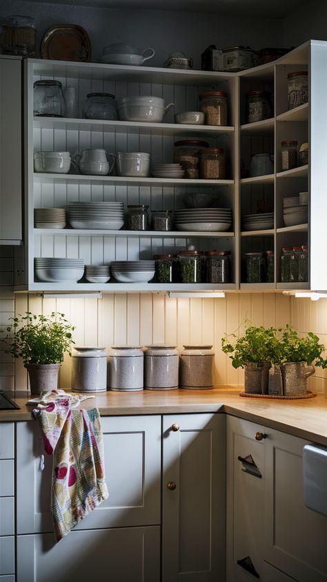 Discover the beauty of an open shelving unit in this charming kitchen! Neatly arranged dishes and jars create a visually appealing display, while ceramic canisters and a small herb garden add a touch of greenery. The colorful tea towel draped over the counter brings personality to the space, and under-cabinet lighting enhances its efficiency. Ready to elevate your kitchen style? Click through for tips on how to achieve this look in your own home! #OpenShelving #IKEAStyle #KitchenInspo #HomeDecor #FunctionalDesign #HerbGarden #InteriorStyling Small Herb Garden, Kitchen With Open Shelving, Ikea Style, Small Herb Gardens, Open Shelving Units, Ceramic Canisters, I Still Remember, Charming Kitchen, My Personality