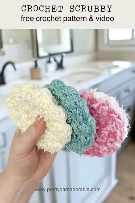 This quick and easy crochet scrubby pattern comes with a video tutorial to make your scrubby making experience even easier. Using scrubby yarn, this pattern is perfect for those looking for a quick and easy projec Scrubbie Crochet Patterns Free, Crochet With Scrubby Yarn, Yarn Bee Scrub-ology Cotton Patterns, Crochet Scrubby Yarn, Free Scrubbie Crochet Pattern, Scrub Ology Crochet Patterns, Scrubies\how To Make, How To Make Scrubbies, Crochet Body Scrubbies