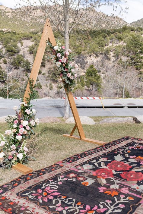 April I Do's at the Surf Chateau Hotel | Rocky Mountain Bride Diy Small Wedding Decorations, A Frame Wedding Arch, Triangle Arbor Wedding, Triangle Wedding Arbor, Wedding Hacks Budget, Wedding Alters, Wedding Arbour, Desert Wedding, Styled Stock