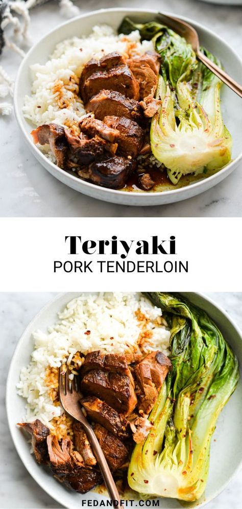 This slow cooker teriyaki pork tenderloin + bok choy is really delicious served over white rice and makes for the simplest weeknight meal ever! Pork Tenderloin Bowl Recipe, Teriyaki Pork Rice Bowl, Teriyaki Pork Tenderloin Crockpot, Pork Tenderloin Rice Bowl, Healthy Slow Cooker Pork Tenderloin, Slow Cooker Teriyaki Pork Tenderloin, Pork Tenderloin Noodle Bowl, Slow Cooker Ginger Garlic Pork Tenderloin, Teriyaki Pork Tenderloin