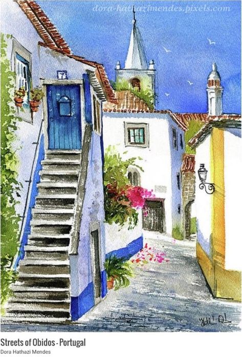 Portugal Painting, Sketching Buildings, Obidos Portugal, Street Painting, Medieval Village, Buy Wall Art, Bougainvillea, Urban Sketching, Fish Art