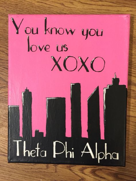 Theta phi alpha Big Little Paintings Canvases, Black And White Sorority Canvas, Alpha Chi Omega Canvas Painting, Alpha Delta Pi Canvas Painting, Alpha Chi Omega Painting, Alpha Phi Painting, Sorority Activities, Alpha Phi Canvas, Sorority Canvas Gamma Phi Beta