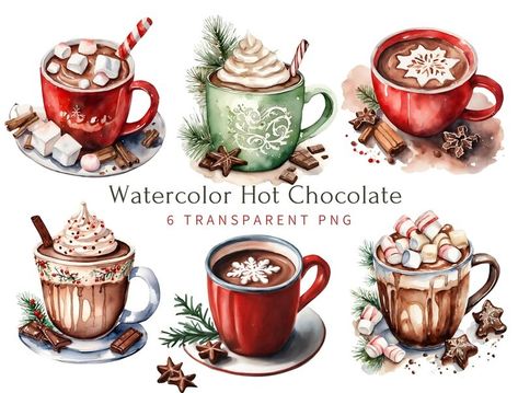 Watercolor Hot Chocolate Clipart Bundle Watercolor Hot - Etsy Spain Chocolate Christmas Decorations, Hot Chocolate Clipart, Chocolate Clipart, Hot Chocolate Christmas, How To Make Scrapbook, Christmas Hot Chocolate, Christmas Collage, Sweet Coffee, Winter Coffee