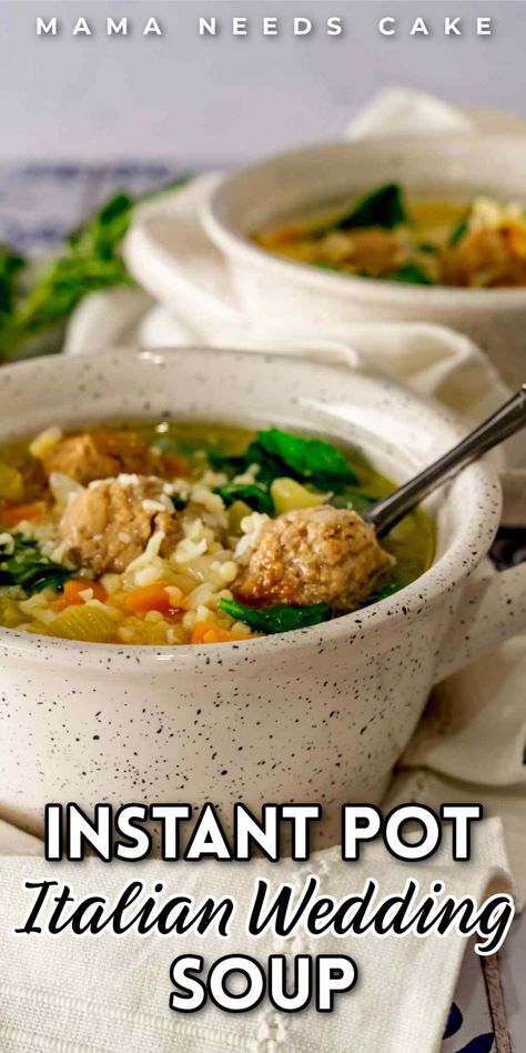 This Instant Pot Italian Wedding Soup is a delicious dish consisting of acini de pepe, chopped vegetables, and meatballs. This soup makes an easy meal and is ready to eat in thirty minutes! It's also bursting with flavor and is good for you! Check out this healthy meal idea and find a new family favorite soup! Instant Pot Italian Wedding Soup, Easy Italian Meatballs, Instant Pot Italian, Italian Meatball Soup, Meatball Soup Recipes, Chopped Vegetables, Crockpot Stew, Wedding Soup, Instant Pot Soup